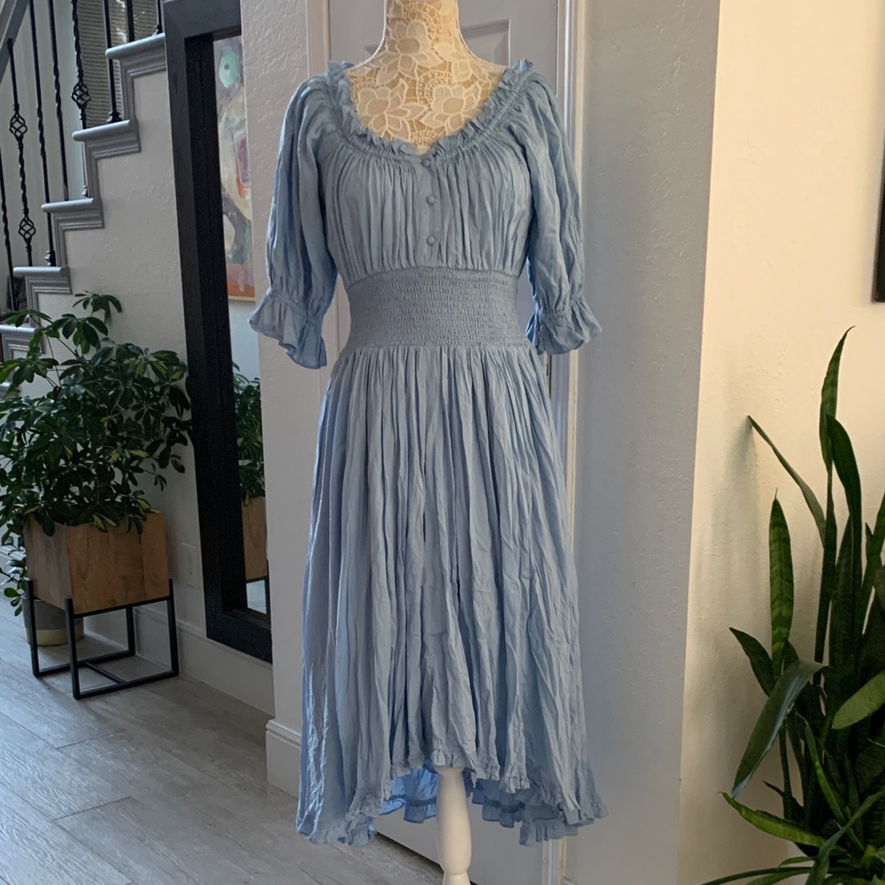 JessaKae | Blue Smocked Midi Dress Medium Cottagecore Puff Sleeve Romantic - Picture 2 of 9